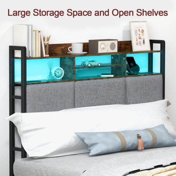 Headboard for Full Size Bed with Charging Station and LED Light, Full Bed Upholstered Head Board with Storage Shelves, Full Size Headboard with Power Outlets, Height Adjustable, Brown