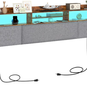 Headboard for Full Size Bed with Charging Station and LED Light, Full Bed Upholstered Head Board with Storage Shelves, Full Size Headboard with Power Outlets, Height Adjustable, Brown