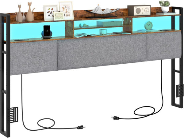 Headboard for Full Size Bed with Charging Station and LED Light, Full Bed Upholstered Head Board with Storage Shelves, Full Size Headboard with Power Outlets, Height Adjustable, Brown