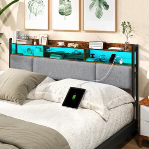 Headboard for Full Size Bed with Charging Station and LED Light, Full Bed Upholstered Head Board with Storage Shelves, Full Size Headboard with Power Outlets, Height Adjustable, Brown