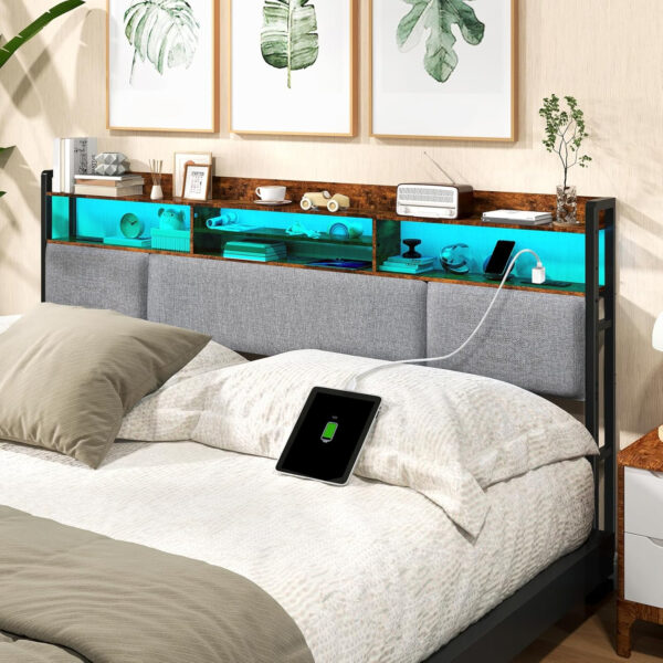 Headboard for Full Size Bed with Charging Station and LED Light, Full Bed Upholstered Head Board with Storage Shelves, Full Size Headboard with Power Outlets, Height Adjustable, Brown