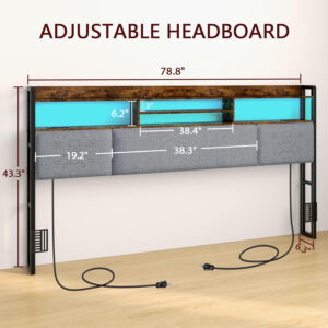 Headboard for Full Size Bed with Charging Station and LED Light, Full Bed Upholstered Head Board with Storage Shelves, Full Size Headboard with Power Outlets, Height Adjustable, Brown