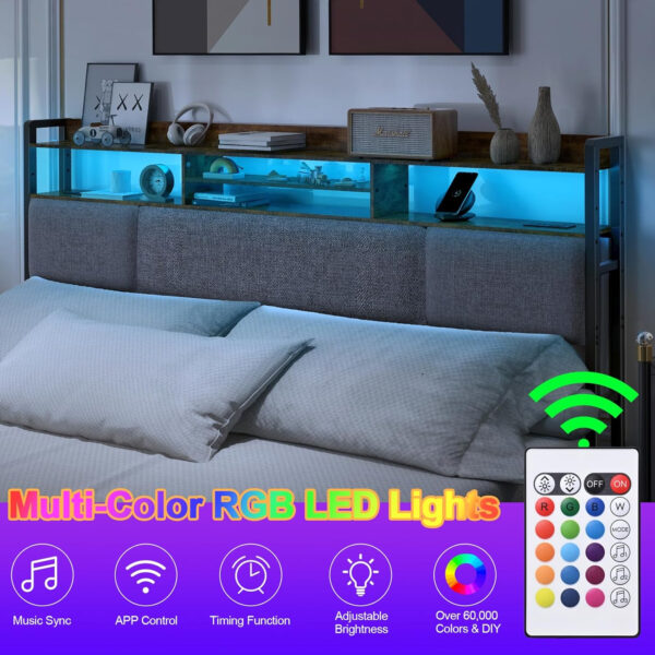 Headboard for Full Size Bed with Charging Station and LED Light, Full Bed Upholstered Head Board with Storage Shelves, Full Size Headboard with Power Outlets, Height Adjustable, Brown