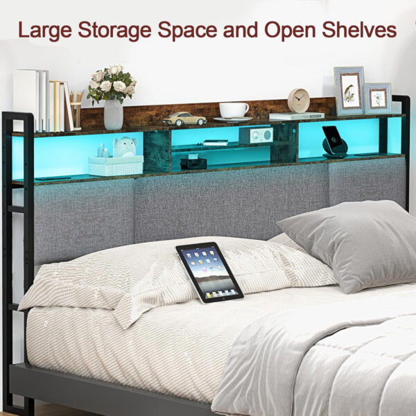 Headboard for Full Size Bed with Charging Station and LED Light, Full Bed Upholstered Head Board with Storage Shelves, Full Size Headboard with Power Outlets, Height Adjustable, Brown