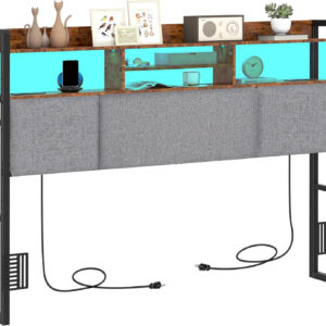 Headboard for Full Size Bed with Charging Station and LED Light, Full Bed Upholstered Head Board with Storage Shelves, Full Size Headboard with Power Outlets, Height Adjustable, Brown