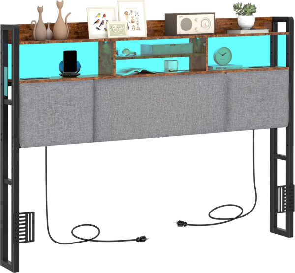 Headboard for Full Size Bed with Charging Station and LED Light, Full Bed Upholstered Head Board with Storage Shelves, Full Size Headboard with Power Outlets, Height Adjustable, Brown