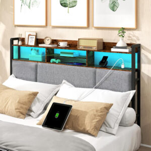 Headboard for Full Size Bed with Charging Station and LED Light, Full Bed Upholstered Head Board with Storage Shelves, Full Size Headboard with Power Outlets, Height Adjustable, Brown