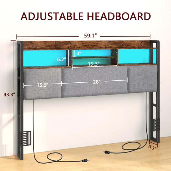 Headboard for Full Size Bed with Charging Station and LED Light, Full Bed Upholstered Head Board with Storage Shelves, Full Size Headboard with Power Outlets, Height Adjustable, Brown
