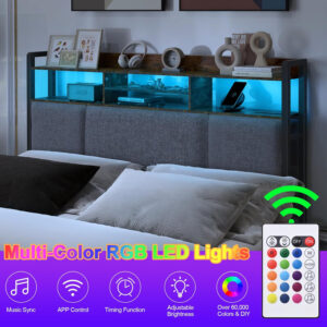 Headboard for Full Size Bed with Charging Station and LED Light, Full Bed Upholstered Head Board with Storage Shelves, Full Size Headboard with Power Outlets, Height Adjustable, Brown