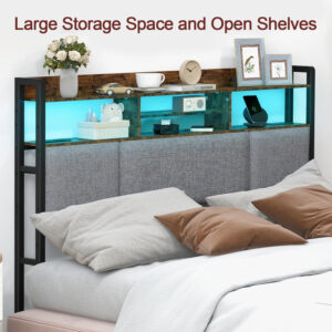 Headboard for Full Size Bed with Charging Station and LED Light, Full Bed Upholstered Head Board with Storage Shelves, Full Size Headboard with Power Outlets, Height Adjustable, Brown