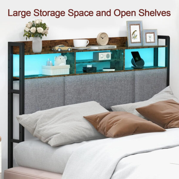 Headboard for Full Size Bed with Charging Station and LED Light, Full Bed Upholstered Head Board with Storage Shelves, Full Size Headboard with Power Outlets, Height Adjustable, Brown