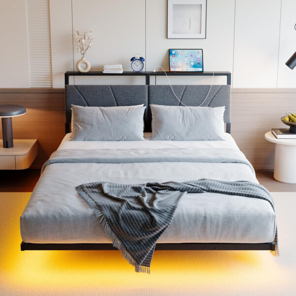 Floating Full Size Bed Frame with Headboard&Storage Shelf,Ergonomic Full Bed Frames with USB Charging&LED Lights,Platform Bed Frame Noise-Free Metal Slats | Modern Bedroom Design