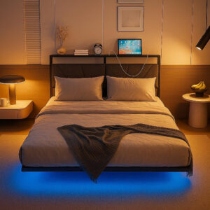 Floating Full Size Bed Frame with Headboard&Storage Shelf,Ergonomic Full Bed Frames with USB Charging&LED Lights,Platform Bed Frame Noise-Free Metal Slats | Modern Bedroom Design