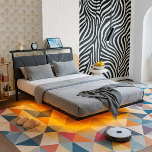 Floating Full Size Bed Frame with Headboard&Storage Shelf,Ergonomic Full Bed Frames with USB Charging&LED Lights,Platform Bed Frame Noise-Free Metal Slats | Modern Bedroom Design