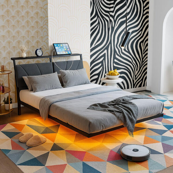 Floating Full Size Bed Frame with Headboard&Storage Shelf,Ergonomic Full Bed Frames with USB Charging&LED Lights,Platform Bed Frame Noise-Free Metal Slats | Modern Bedroom Design