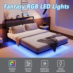 Floating Full Size Bed Frame with Headboard&Storage Shelf,Ergonomic Full Bed Frames with USB Charging&LED Lights,Platform Bed Frame Noise-Free Metal Slats | Modern Bedroom Design