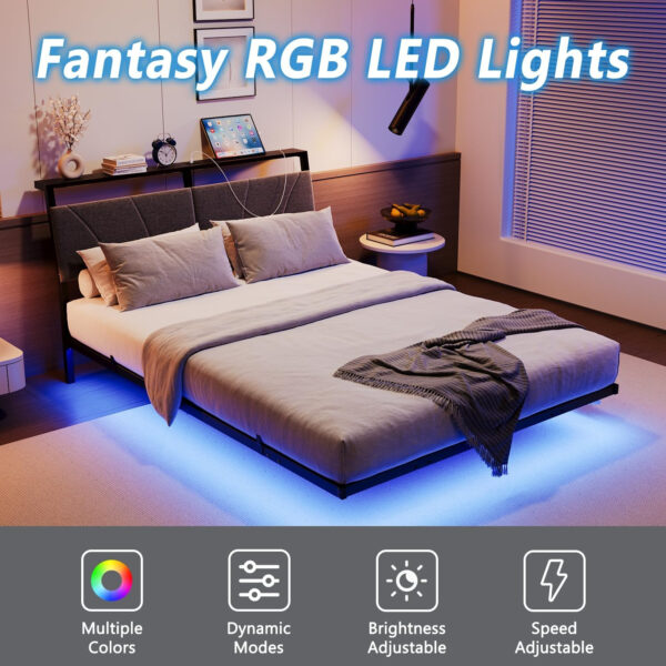 Floating Full Size Bed Frame with Headboard&Storage Shelf,Ergonomic Full Bed Frames with USB Charging&LED Lights,Platform Bed Frame Noise-Free Metal Slats | Modern Bedroom Design