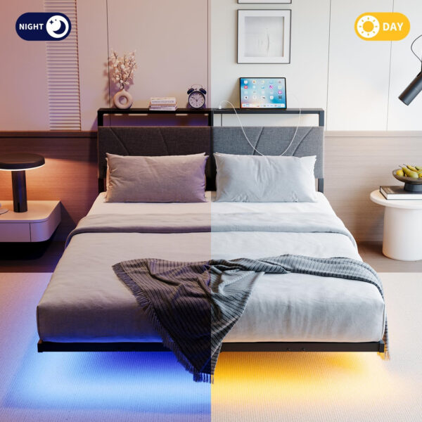 Floating Full Size Bed Frame with Headboard&Storage Shelf,Ergonomic Full Bed Frames with USB Charging&LED Lights,Platform Bed Frame Noise-Free Metal Slats | Modern Bedroom Design