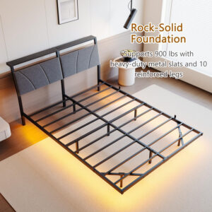 Floating Full Size Bed Frame with Headboard&Storage Shelf,Ergonomic Full Bed Frames with USB Charging&LED Lights,Platform Bed Frame Noise-Free Metal Slats | Modern Bedroom Design