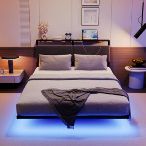 Floating Full Size Bed Frame with Headboard&Storage Shelf,Ergonomic Full Bed Frames with USB Charging&LED Lights,Platform Bed Frame Noise-Free Metal Slats | Modern Bedroom Design