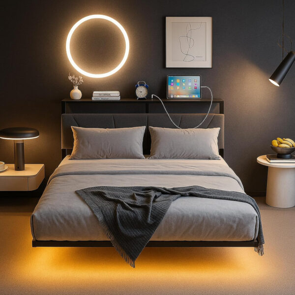 Floating Full Size Bed Frame with Headboard&Storage Shelf,Ergonomic Full Bed Frames with USB Charging&LED Lights,Platform Bed Frame Noise-Free Metal Slats | Modern Bedroom Design