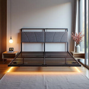 Floating Full Size Bed Frame with Headboard&Storage Shelf,Ergonomic Full Bed Frames with USB Charging&LED Lights,Platform Bed Frame Noise-Free Metal Slats | Modern Bedroom Design