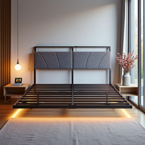 Floating Full Size Bed Frame with Headboard&Storage Shelf,Ergonomic Full Bed Frames with USB Charging&LED Lights,Platform Bed Frame Noise-Free Metal Slats | Modern Bedroom Design