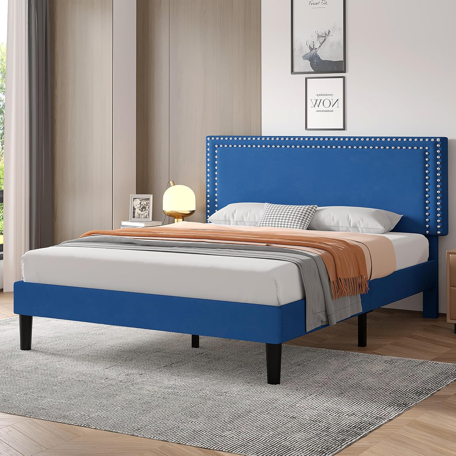 VECELO Full Size Platform Bed Frame with Height Adjustable Upholstered Headboard, Modern Mattress Foundation,Strong Wood Slat Support, No Box Spring Needed, Easy Assembly