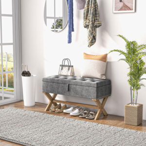 HOMCOM 35.75" End of Bed Bench with Button Tufted Design, Upholstered Ottoman Bench with Wood Legs for Bedroom, Gray