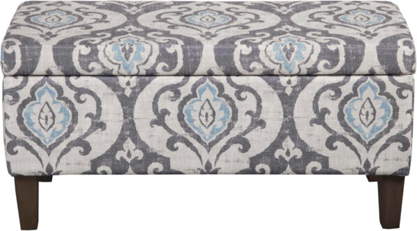 HomePop Large Upholstered Rectangular Storage Ottoman Bench with Hinged Lid, Slate Damask