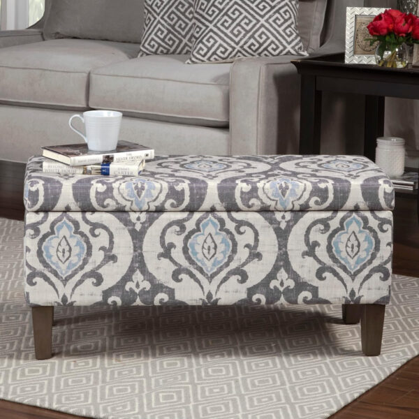 HomePop Large Upholstered Rectangular Storage Ottoman Bench with Hinged Lid, Slate Damask