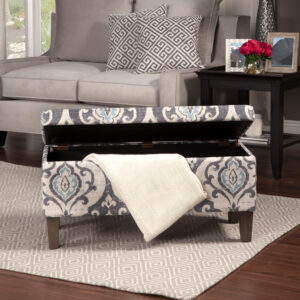 HomePop Large Upholstered Rectangular Storage Ottoman Bench with Hinged Lid, Slate Damask