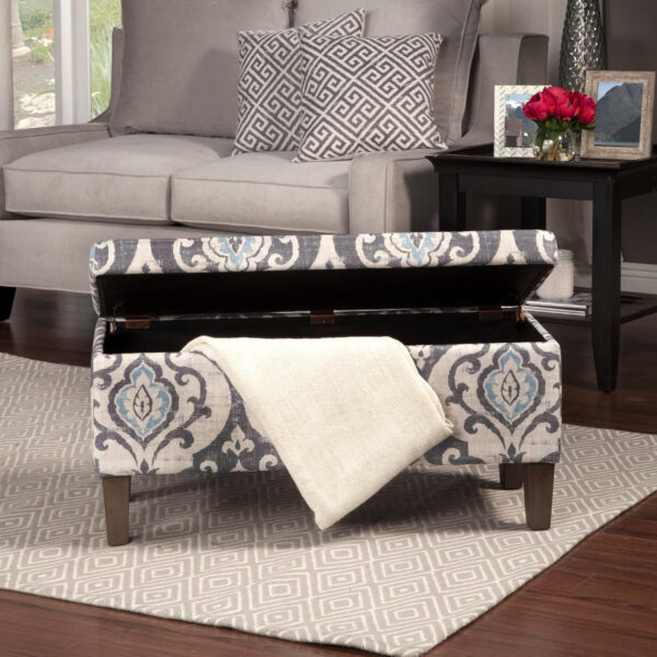 HomePop Large Upholstered Rectangular Storage Ottoman Bench with Hinged Lid, Slate Damask