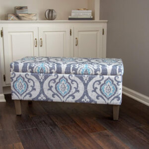 HomePop Large Upholstered Rectangular Storage Ottoman Bench with Hinged Lid, Slate Damask