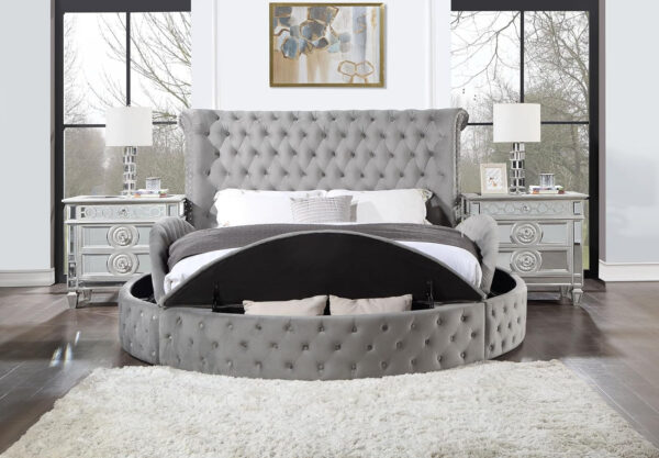 Acme Gaiva Eastern King Bed with Storage in Gray Velvet