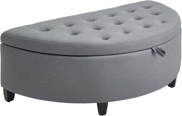 HOMCOM Half Moon Storage Ottoman, Upholstered Button Tufted Storage Bench with Lift Lid and Wood Legs, for Living Room, Entryway, Gray