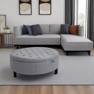 HOMCOM Half Moon Storage Ottoman, Upholstered Button Tufted Storage Bench with Lift Lid and Wood Legs, for Living Room, Entryway, Gray