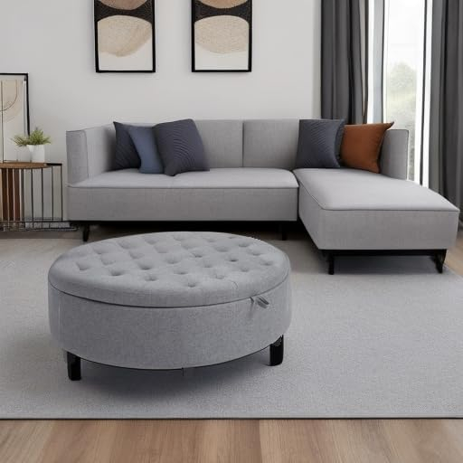 HOMCOM Half Moon Storage Ottoman, Upholstered Button Tufted Storage Bench with Lift Lid and Wood Legs, for Living Room, Entryway, Gray