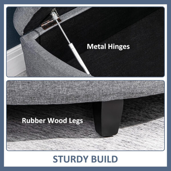 HOMCOM Half Moon Storage Ottoman, Upholstered Button Tufted Storage Bench with Lift Lid and Wood Legs, for Living Room, Entryway, Gray
