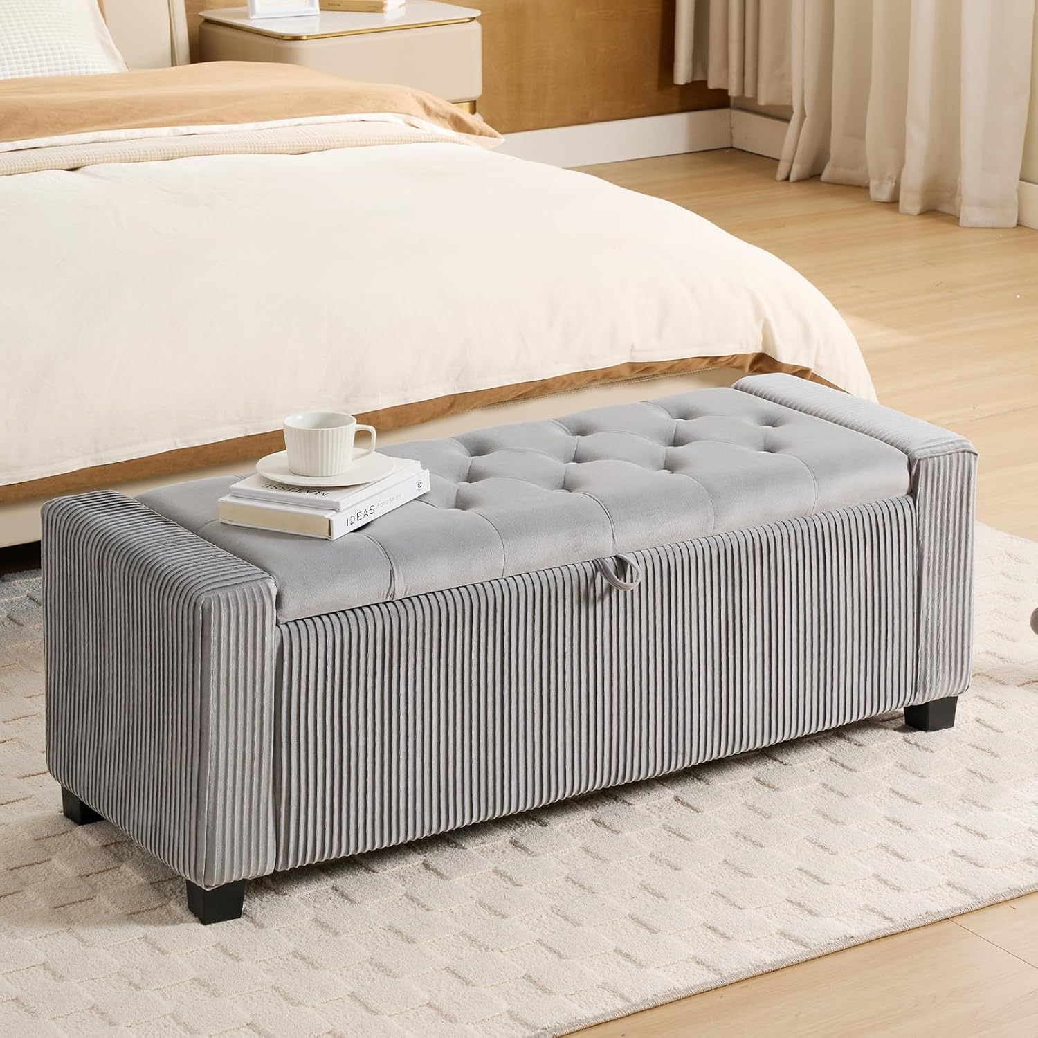 Velvet Storage Ottoman Bench, Bench for Bedroom End of Bed, Ottoman with Storage for Living Room and Entryway(Grey)
