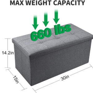 Camabel Folding Storage Ottoman Bench Foldable Storage Chest Foot Rest Stool End of Bed Bench with Seat 15 x 30 x 15 Inches Load up to 660 lb for Living Room Bedroom Entryway Grey