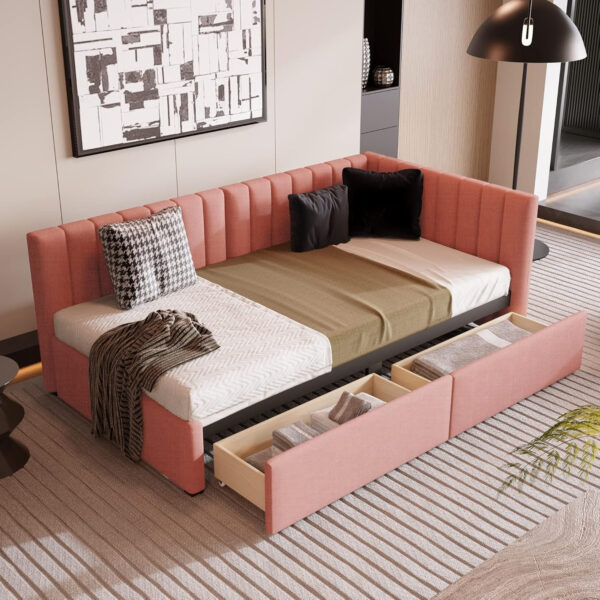 Modern Upholstered Daybed with 2 Storage Drawers Twin Size Sofa Bed - Corner Bed Frame Twin, Daybed with Drawers, Day Bed with Storage - Stylish and Functional! (Pink)