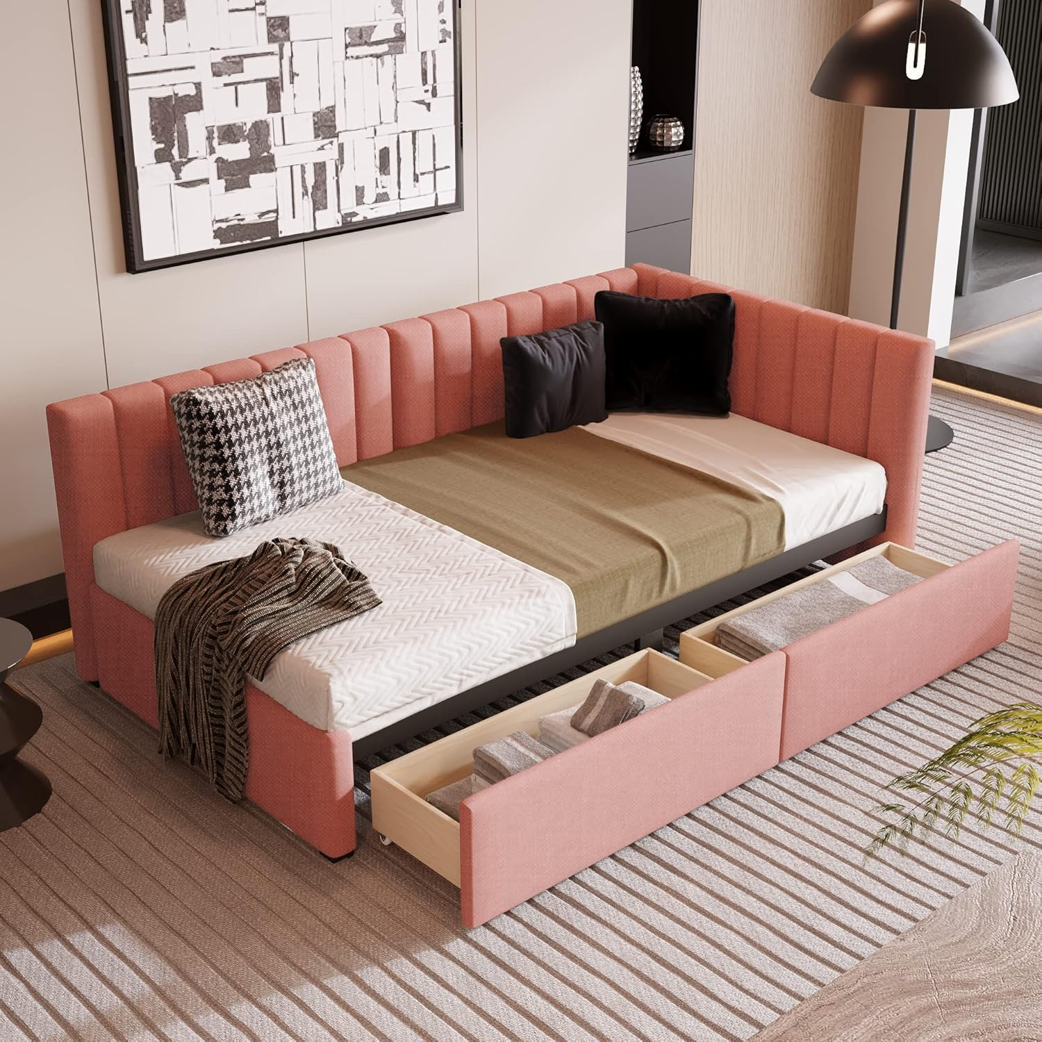 Modern Upholstered Daybed with 2 Storage Drawers Twin Size Sofa Bed - Corner Bed Frame Twin, Daybed with Drawers, Day Bed with Storage - Stylish and Functional! (Pink)