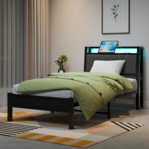Twin Bed Frame, Ergonomics Bed Frame with Charging Station and LED Lights, Heavy Duty Platform Bed with Fabric Storage Sloped Headboard, No Box Spring Needed, Metal Slats Support(Black)