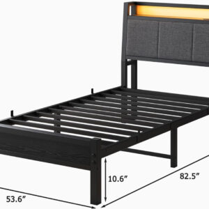 Twin Bed Frame, Ergonomics Bed Frame with Charging Station and LED Lights, Heavy Duty Platform Bed with Fabric Storage Sloped Headboard, No Box Spring Needed, Metal Slats Support(Black)