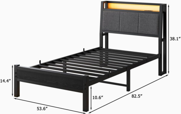 Twin Bed Frame, Ergonomics Bed Frame with Charging Station and LED Lights, Heavy Duty Platform Bed with Fabric Storage Sloped Headboard, No Box Spring Needed, Metal Slats Support(Black)