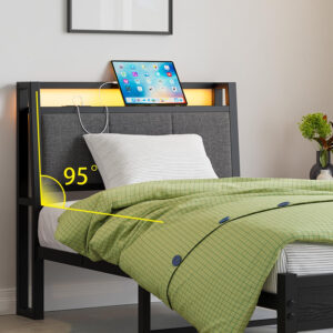 Twin Bed Frame, Ergonomics Bed Frame with Charging Station and LED Lights, Heavy Duty Platform Bed with Fabric Storage Sloped Headboard, No Box Spring Needed, Metal Slats Support(Black)