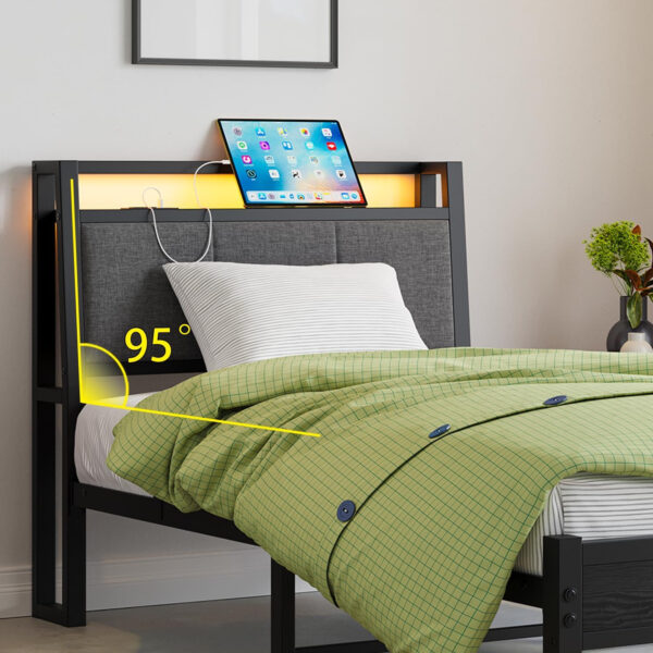 Twin Bed Frame, Ergonomics Bed Frame with Charging Station and LED Lights, Heavy Duty Platform Bed with Fabric Storage Sloped Headboard, No Box Spring Needed, Metal Slats Support(Black)