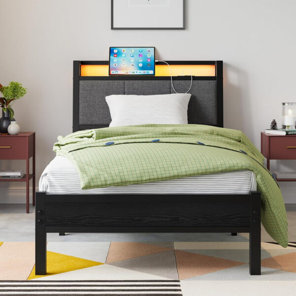 Twin Bed Frame, Ergonomics Bed Frame with Charging Station and LED Lights, Heavy Duty Platform Bed with Fabric Storage Sloped Headboard, No Box Spring Needed, Metal Slats Support(Black)