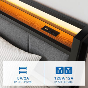 Twin Bed Frame, Ergonomics Bed Frame with Charging Station and LED Lights, Heavy Duty Platform Bed with Fabric Storage Sloped Headboard, No Box Spring Needed, Metal Slats Support(Black)